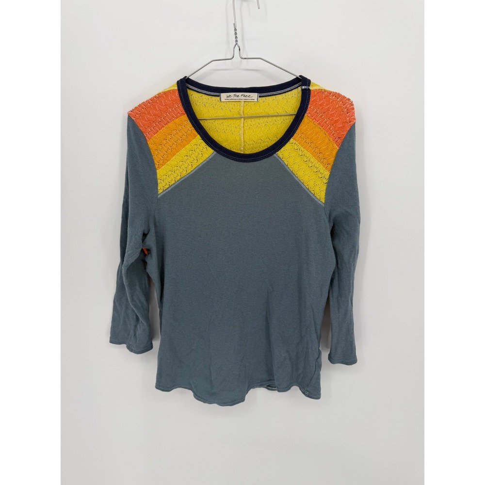 We The Free Womens Top Crochet Yoke Rainbow Stripe Blue XL